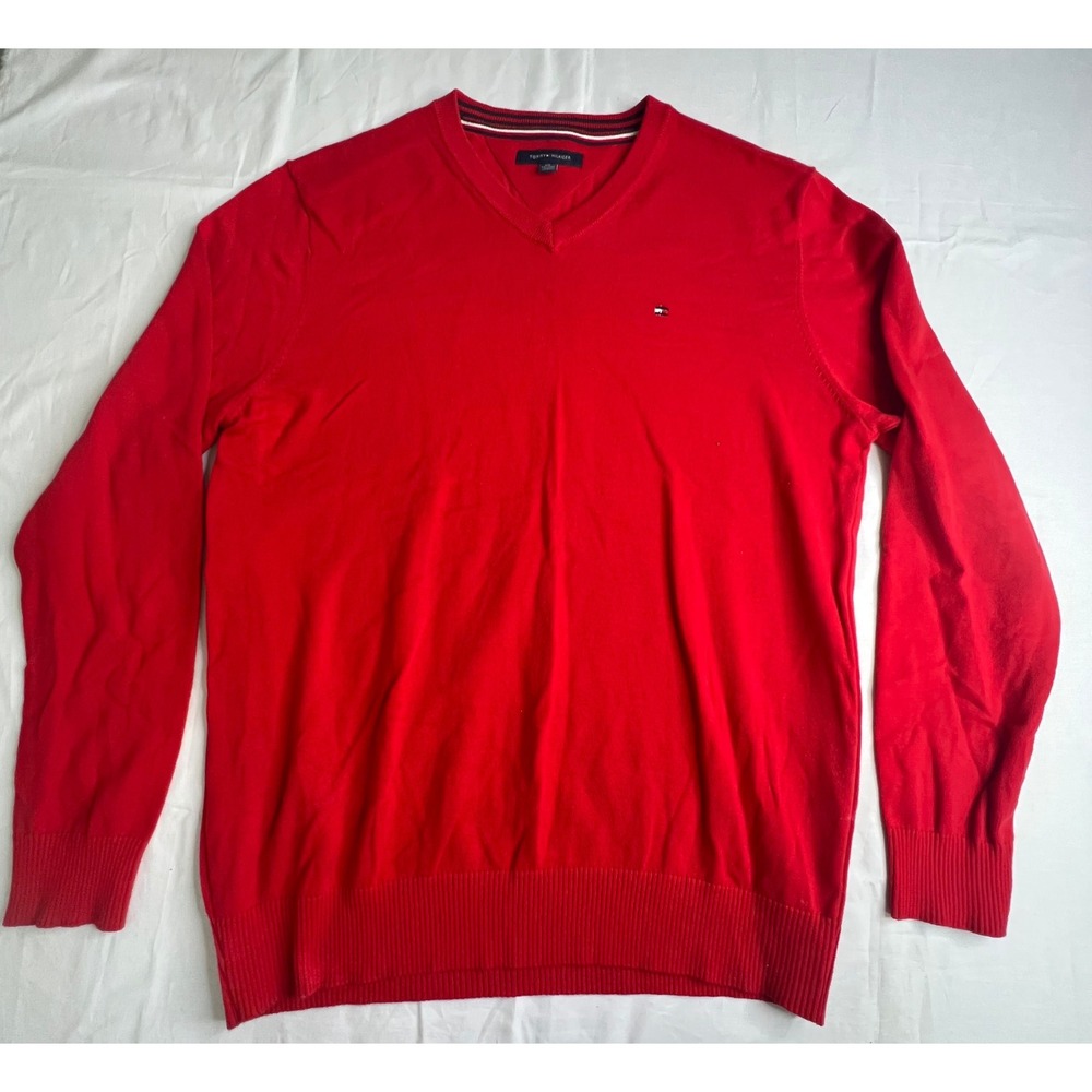 Tommy Hilfiger XXL Mens V Neck Sweater Red Long Sleeve Classic Logo‎